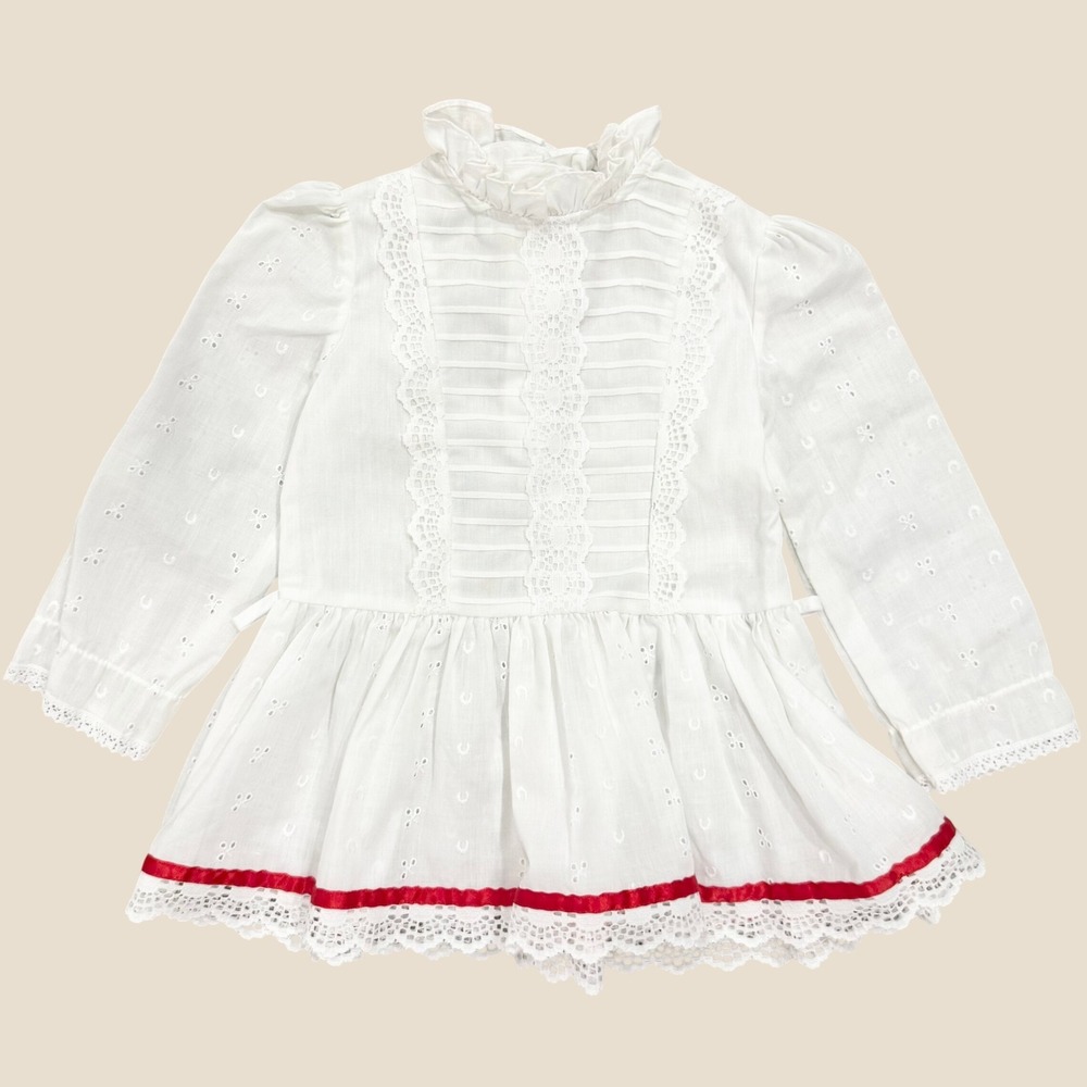 Vintage Girls White Eyelet Lace Dress 3T Red Ribbon Trim Prairie Holiday